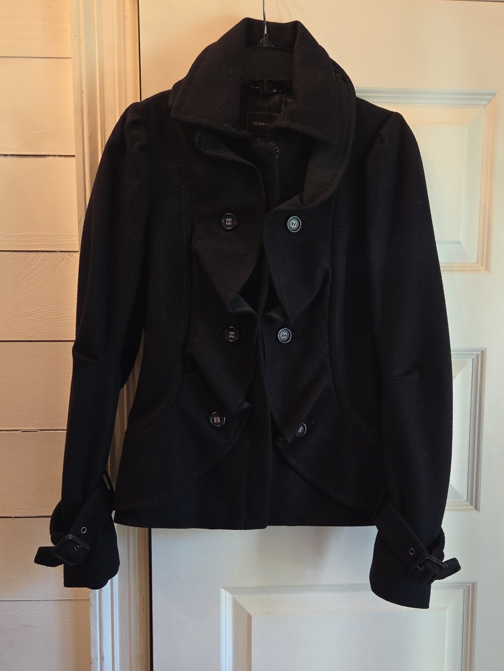 BCBGMaxAzria Black Double-Breasted Peacoat with Button Detail